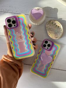 قاب موبایل آیفون هپی لایف هفت رنگ + پاپسوکت قلبی بنفش