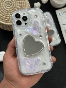 قاب موبایل آیفون آیینه قلبی پروانه برجسته