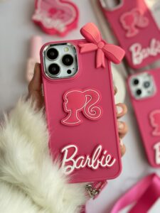 قاب موبایل آیفون باربی پاپیونی صورتی + بند بلند