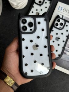 قاب موبایل آیفون گربه خال مشکی گوش دار پشت بیرنگ