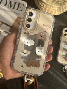 قاب موبایل سامسونگ سگ پاپی شکلاتی آیینه ای بند کوتاه