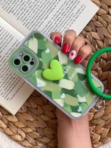 قاب موبایل آیفون تک دل حصیری سبز حلقه دار محافظ لنزدار - تصویر 2