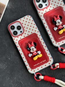 قاب موبایل آیفون میکی برجسته خال خالی جاکارتی بنددار - تصویر 2