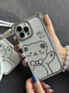 قاب موبایل سلام خرسی شاینی نقره ای + بند بلند آویز