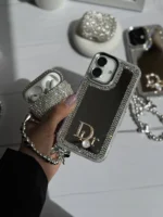 قاب Dior آینه ای دور نگین با آویز قلبی پاپیونی (کدC1989)